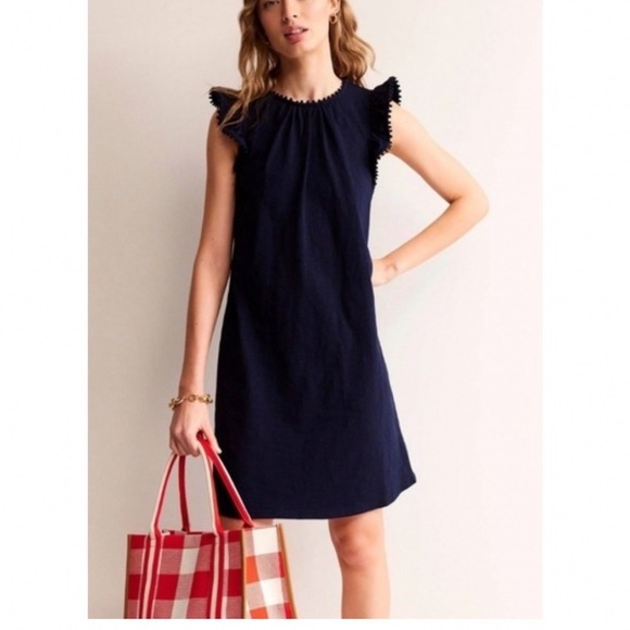 Boden Dresses & Skirts - Boden Georgina Pom Ruffle Dress Mini Navy Blue Cotton Jersey US 4L Cottagecore